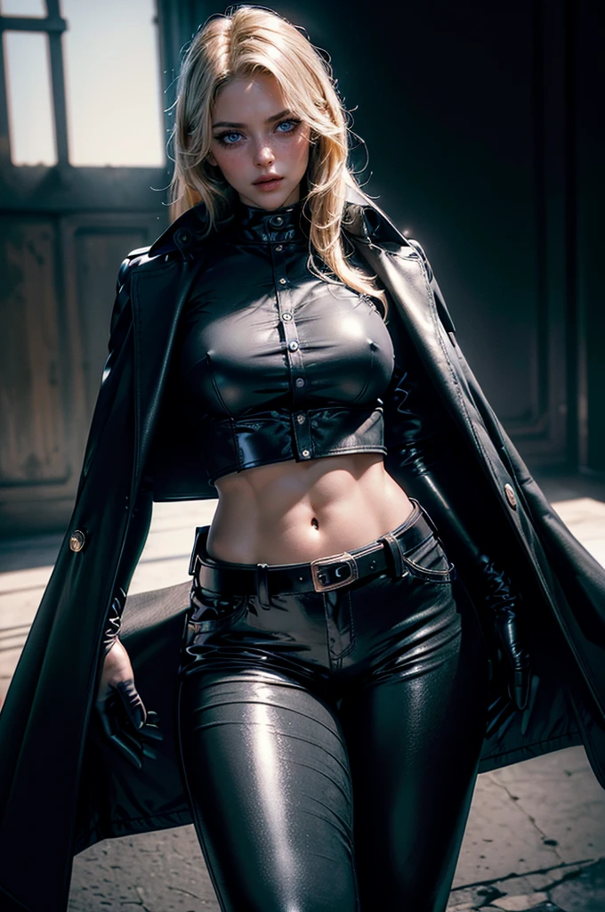 cowboy shot,a pretty 2 girl,blond hair,blue eyes,lora_Emma,slim athletic body,tight and stretched white blouse with buttons,button gap,short sleeves,pokies,ultra low rise black shiny latex pants,(double metal belt),empty studiobackground,((black coat on shoulders)),(best quality,4k,8k,highres,masterpiece:1.2),ultra-detailed,(realistic,photorealistic,photo-realistic:1.37),dramatic lighting,cinematic,fashion photography,studio lighting,high contrast,vivid colors,beautiful detailed eyes,beautiful detailed lips,extremely detailed eyes and face,long eyelashes, touching hair