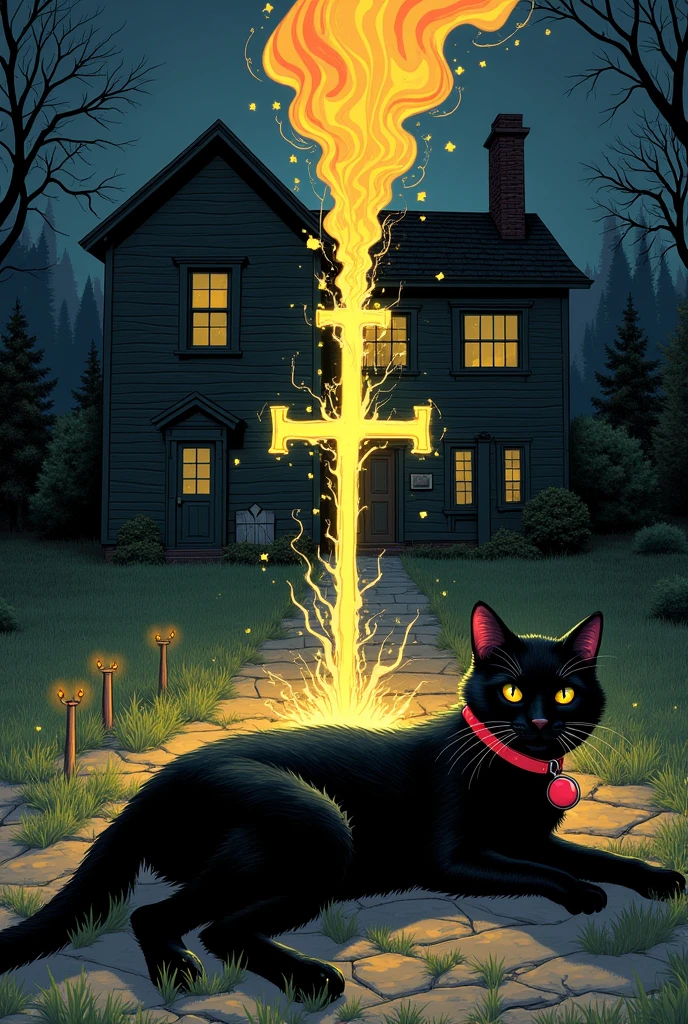 1 black cat with a red collar and yellow cross being resurrected, the soul is entering the body of the cat lying on the ground, there is a house in the background, and it was the middle of the night, comic book style. 