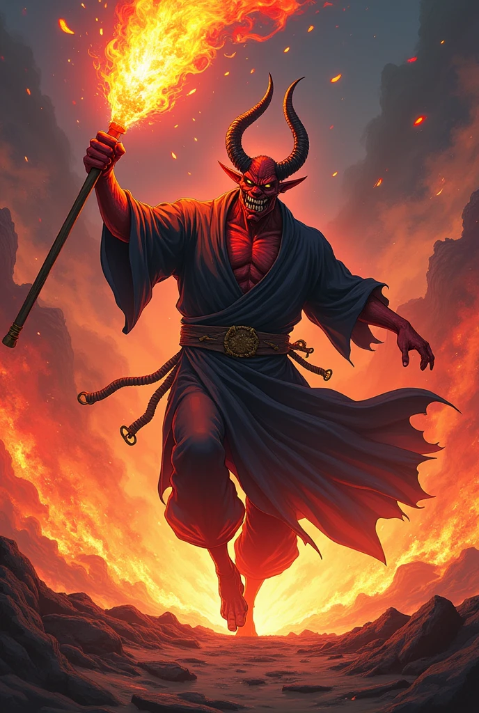 Humanoid demon with lava staff, Wearing black cloth clothes and pants and having a sadistic smile on his face as he goes out killing, do it in anime style
