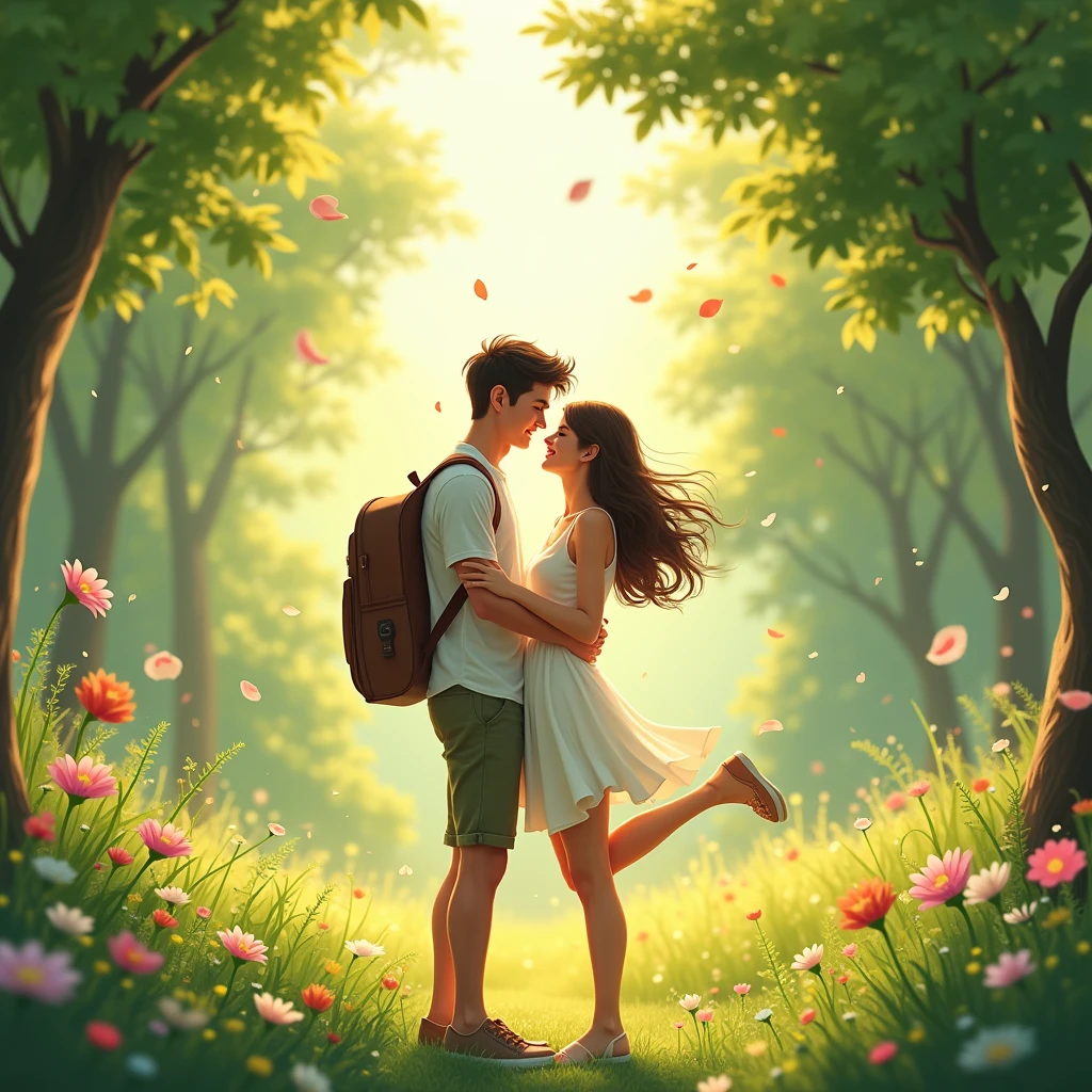 I want a photo related to love song and travel life, fresh space with trees, flowers and leaves