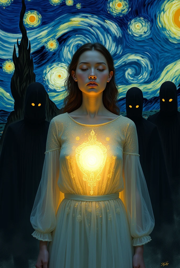 Van Gogh's Starry Night and a woman emanating light from her chest while there are many dark figures around her