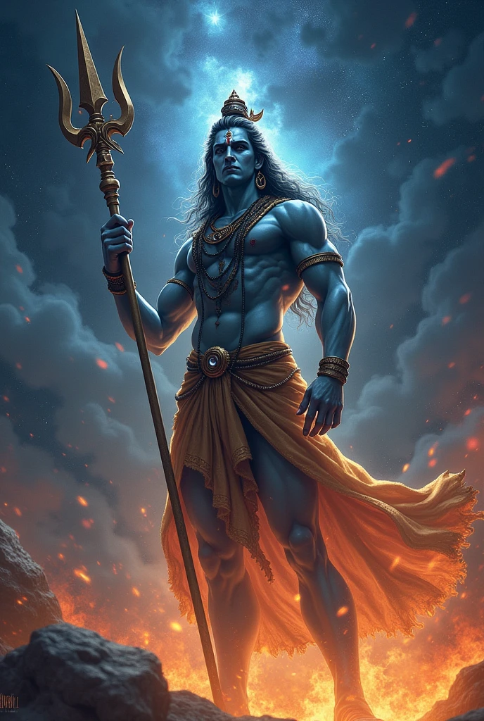 Lord Shiva holding his trishul at night full of stars flames in background in mid air