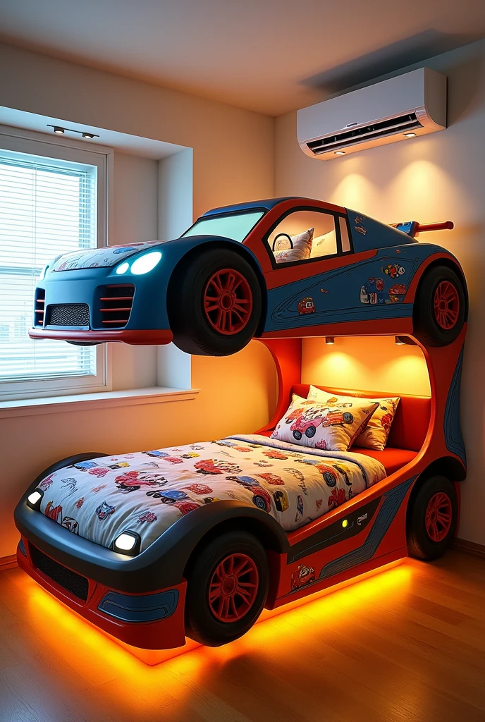 An example of a bunk bed that uses car motif sheets and bed covers plus lights under the bed and air conditioning.