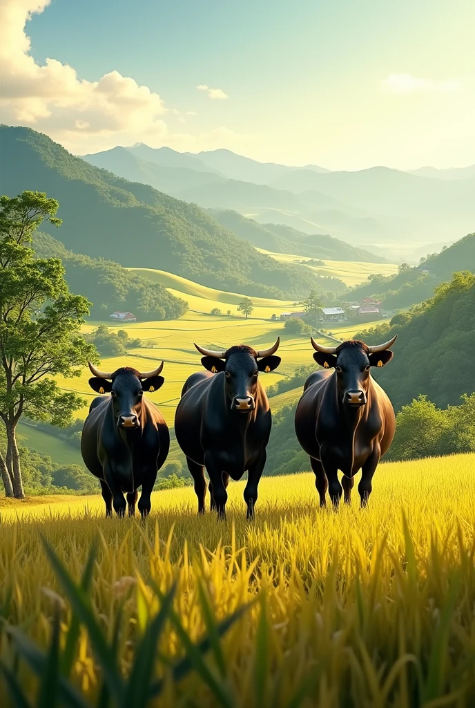 a cattle farm with a terrain view and rice fields, and showing 4 limousine cows