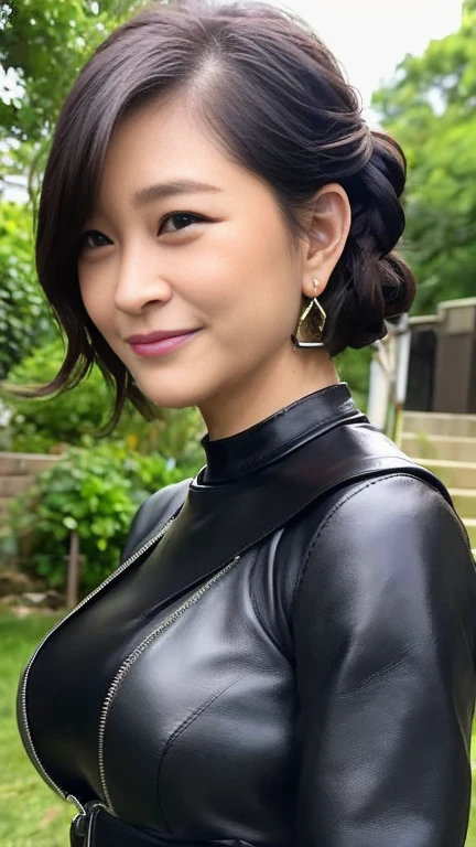 最high quality, 8k, Vibrant, Sharp focus, high quality, High resolution, Middle-aged women, Mature Woman, 5, (Whole Body Ezbian), (High heels face detail, Highly detailed eyes, Plump figure、Plump face、((big 1.6))、((Black leather clothing))、garden、Random Hairstyles、A kind smile、