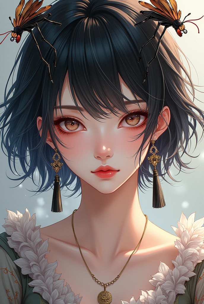 Masterpiece, Male focus, 1 girl, Single, Black hair, tassel Earrings, tassel, jewelry, Earrings, Parted lips, I grow, Korean Manhwa Manhwa, short hair, insect, Butterfly, Upper body, Hair between the eyes, Multicolored hair,