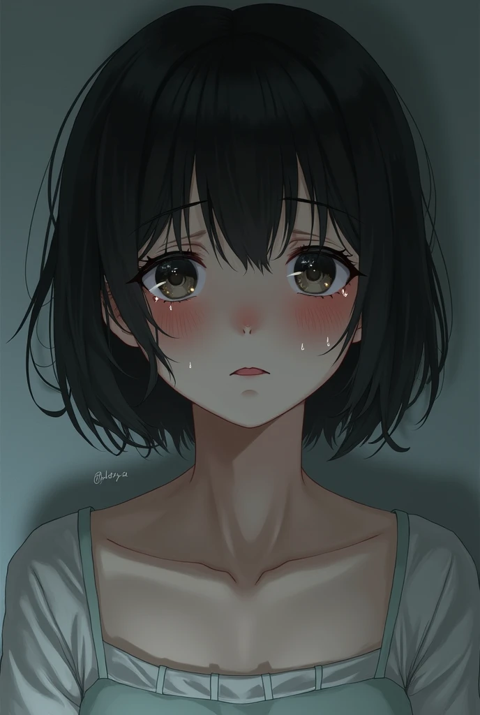 A young modern Japanese girl, around , crying with tears streaming down her face. She has short black hair and is wearing a simple, light-colored dress. Her expression is one of sadness and fear