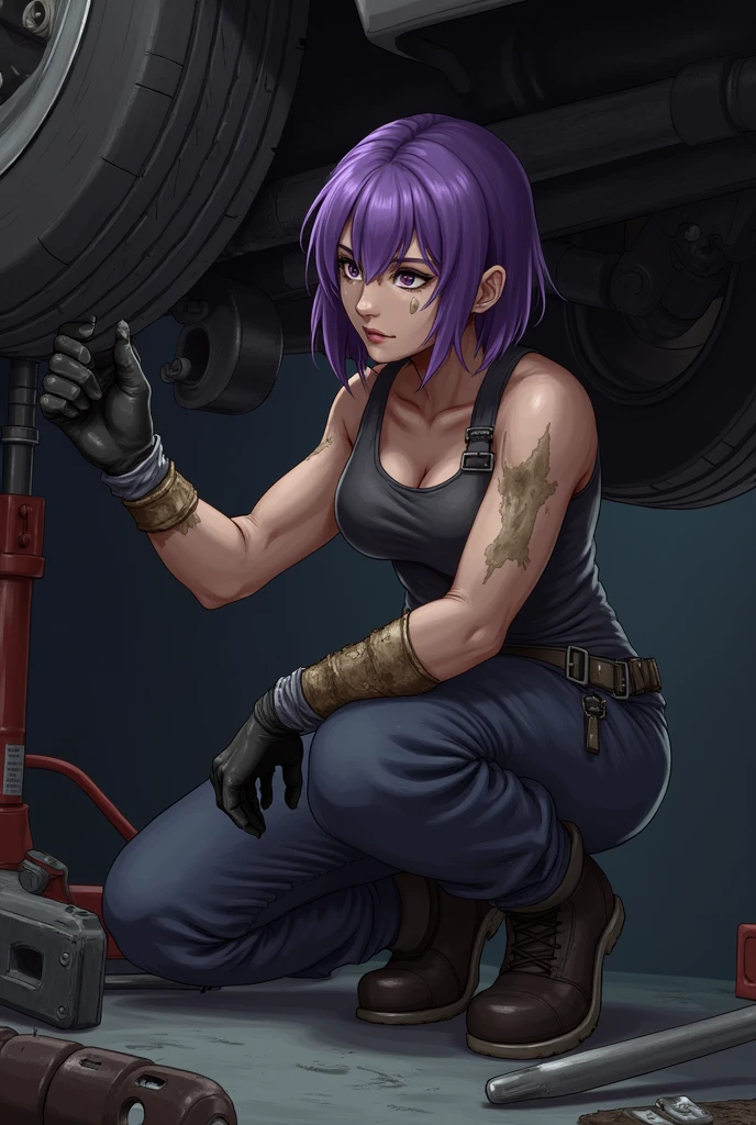 A person with purple hair lies on the ground underneath a vehicle, working on a mechanical component. Their arms and skin are covered in grease and dirt, indicating hands-on labor. They wear a sleeveless top and black gloves, showing focused determination in their expression. Tools are visible nearby, along with a jack supporting the vehicle. The environment appears dimly lit, enhancing the gritty atmosphere of the task reality