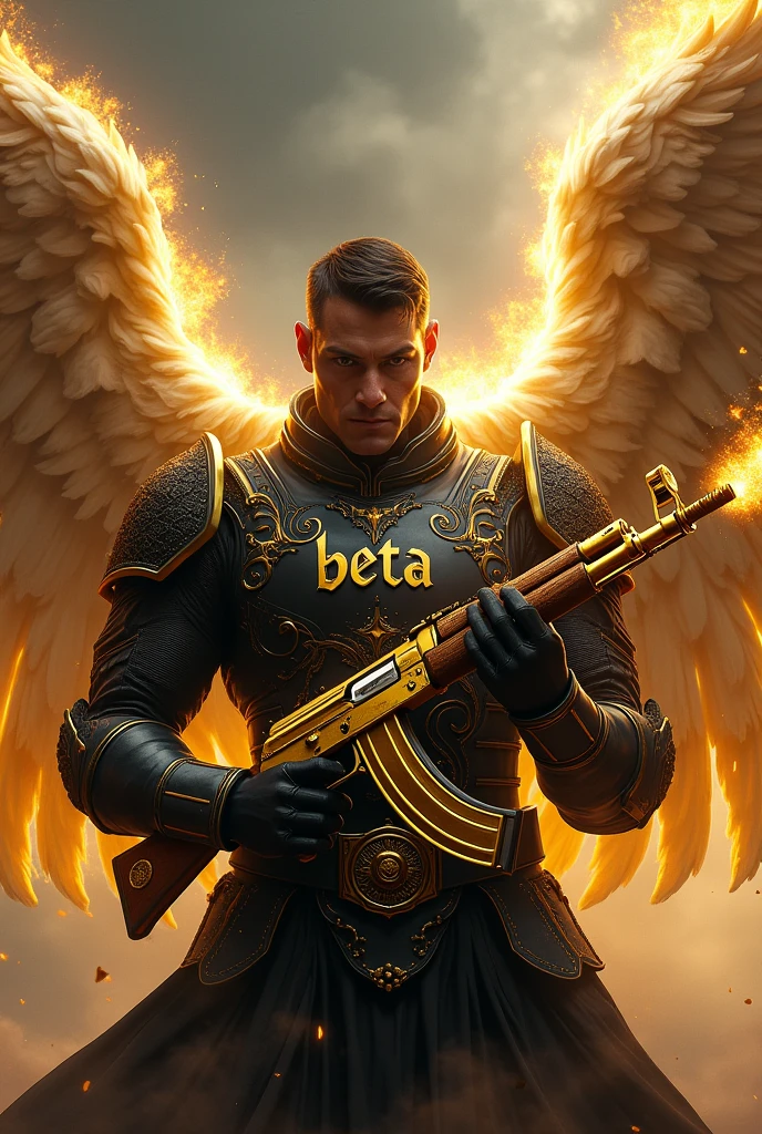 A Warrior Angel in black and gold colors holding a golden AK47 with fire and the name Beta on the chest