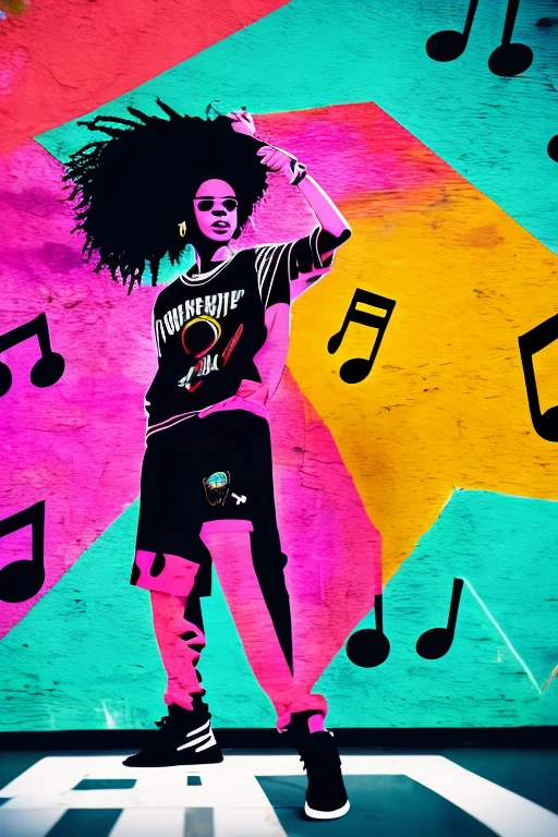 A background filled with scattered musical notes in various sizes and colors、

Creative logo illustration of a silhouette with dreadlocks and red headphones, 
Banksy、
A background completely filled with scattered musical notes in various sizes and colors, covering the entire screen.

beautiful girl colorful image

Dance hiphop Dance CREW  Waacking Dance

Punking 

black medium hair black medium hair 

Five fingers Baggy clothes Baggy clothes
HIPHOP crew、