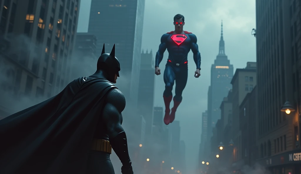 Imagine an epic confrontation between Superman and Batman in the dark of Gotham City! The scene begins with Superman, standing in the sky, wearing his blue suit and the bright red symbol on his chest, his eyes glowing red, a sign of his immense power. Around him, the clouds move quickly, as if he were a god looking down on humanity. Below, in the dark streets of Gotham, we see Batman hiding in the shadows, his eyes shining under his black mask. He wears his dark suit, his wings wrapped around him like a creature of the night. He uses his cloak to remain hidden in the darkness, ready to pounce at any moment. Between the sky and the ground, the two giants face off, while the city pulsates with fear and anticipation. Superman, with his calm and confident voice, calls Batman to discuss, while Batman remains silent, looking at him from behind his mask, reflecting in his silence an unwavering determination. The winds blow between them, paving the way for a battle not only of power, but of ideas and principles. This is the moment when the fate of justice is determined, where light stands against darkness, mercy against vengeance. Who will prevail? Can justice be merciful, or is order achieved only through force?
