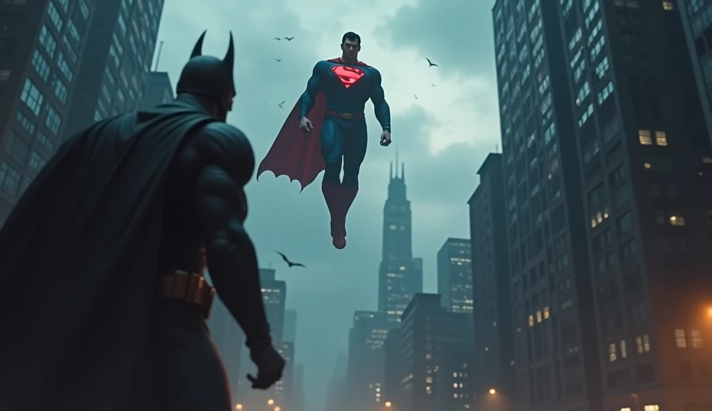 Imagine an epic confrontation between Superman and Batman in the dark of Gotham City! The scene begins with Superman, standing in the sky, wearing his blue suit and the bright red symbol on his chest, his eyes glowing red, a sign of his immense power. Around him, the clouds move quickly, as if he were a god looking down on humanity. Below, in the dark streets of Gotham, we see Batman hiding in the shadows, his eyes shining under his black mask. He wears his dark suit, his wings wrapped around him like a creature of the night. He uses his cloak to remain hidden in the darkness, ready to pounce at any moment. Between the sky and the ground, the two giants face off, while the city pulsates with fear and anticipation. Superman, with his calm and confident voice, calls Batman to discuss, while Batman remains silent, looking at him from behind his mask, reflecting in his silence an unwavering determination. The winds blow between them, paving the way for a battle not only of power, but of ideas and principles. This is the moment when the fate of justice is determined, where light stands against darkness, mercy against vengeance. Who will prevail? Can justice be merciful, or is order achieved only through force?
