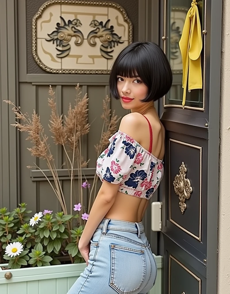 RAW photo, best quality, masterpiece, photorealistic, Polish girl, 20 years old, black hair, Light grey eyes, short bob cut, hair in 7 thirds, hair over one ear, Symmetrical eyes, pale skin, Big Breasts, rip gloss, Gel Nails, Accessories, various poses, smiles, Close one eye