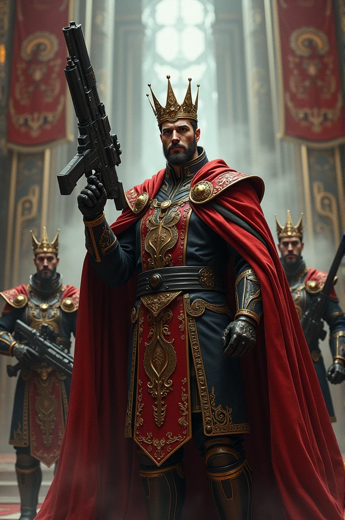 A king holding a powerfull gun. He is standing with his high-tech security in his castle.