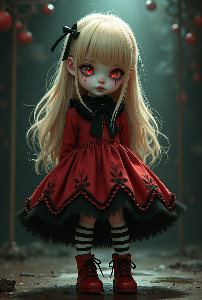 ((best quality: 0.8)), ((masterpiece)), (detailed), (bright eyes: 1.4),1girl, 
long hair, Maria Chiquinha, blonde, parted bangs, clown nose, hypnosis eyes, black dots on the cheeks, red and black dress, black bow tie, red boots, black and white striped socks, tightrope bottom,circus,horror, creepypastas