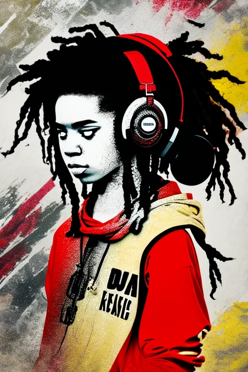 A background filled with scattered musical notes in various sizes and colors、

Creative logo illustration of a silhouette with dreadlocks and red headphones, 
Banksy、
A background completely filled with scattered musical notes in various sizes and colors, covering the entire screen.

beautiful girl colorful image

Dance hiphop Dance CREW  Waacking Dance

Punking 

black medium hair black medium hair 

Five fingers Baggy clothes Baggy clothes
HIPHOP crew、