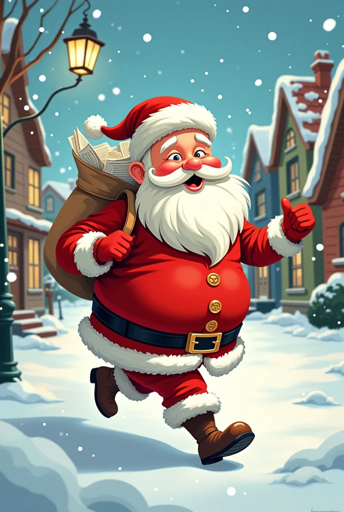 Santa Claus delivering newspapers in cartoon style
