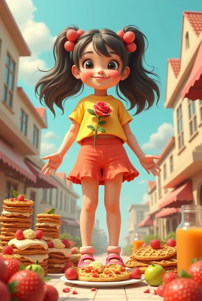 A huge giant girl wearing cheerful clothes carrying a small rose behind her, many types of delicious morning foods as humans do, realistic, real, high-resolution details, full picture like reality