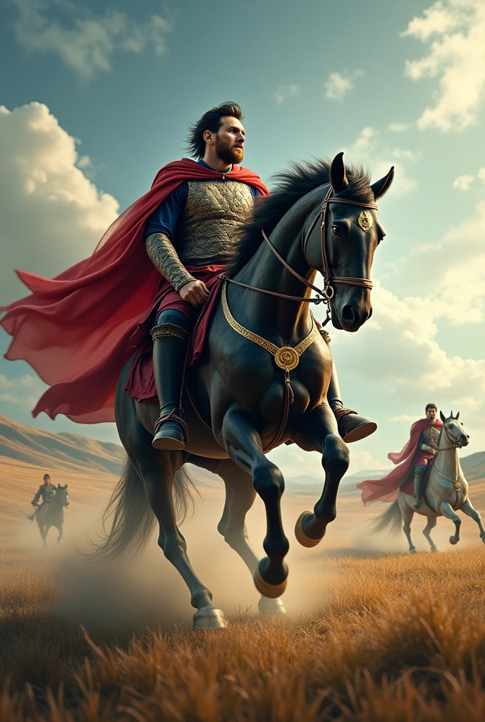 messi is driving a horse as a fighter.