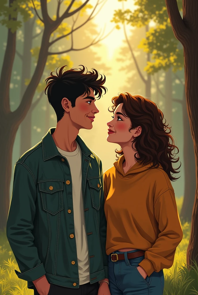 A couple form by a guy whose parents are from Greece but he was born in Chicago and a girl from Madrid, Spain. He has black hair and brown green eyes. She has brown curly hair and brown eyes and a nose piercing. They both like rock music. He usually wears jeans, sport shoes and a green tshirt. She wears jeans, boots and a black tshirt. He is an accountant and she's a Spanish teacher in second grade. In their free time he boxes, drinks coffee and play D&D. She sings, drinks coffee and meet with her friends. They like having walks in the forest together and watching horror movies at home.