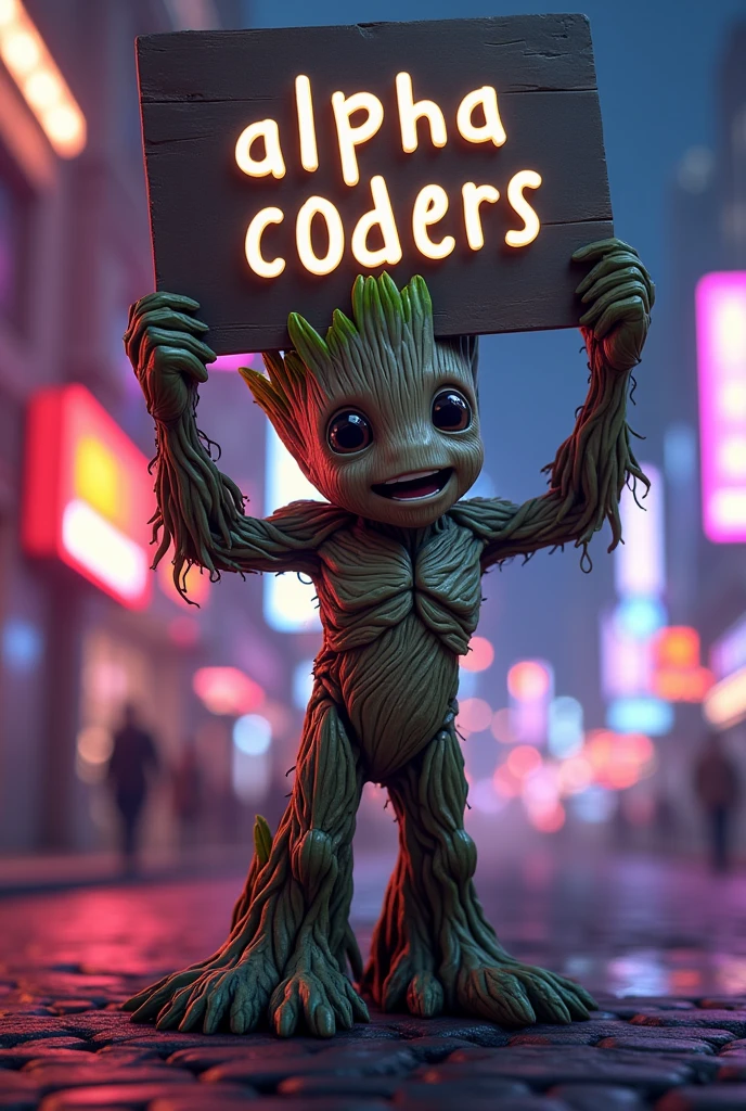 Groot, holding a sign that says "Alpha C0ders", detailed facial features, toon, 8k, high resolution, best quality, masterpiece, ultra-detailed, cinematic lighting, dramatic pose, powerful, dynamic, vibrant colors, digital art