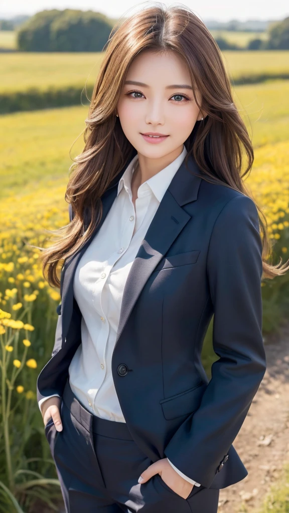 highest quality、genuine、Super detailed、finely、High resolution、8k wallpaper、one beautiful woman、、、light brown disheveled hair、wearing a business suit、sharp focus、perfect dynamic composition、beautiful and detailed eyes、thin hair、Detailed genuine skin texture、smile、model body shape、In a windswept meadow