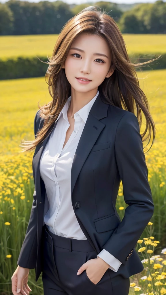 highest quality、genuine、Super detailed、finely、High resolution、8k wallpaper、one beautiful woman、、、light brown disheveled hair、wearing a business suit、sharp focus、perfect dynamic composition、beautiful and detailed eyes、thin hair、Detailed genuine skin texture、smile、model body shape、In a windswept meadow