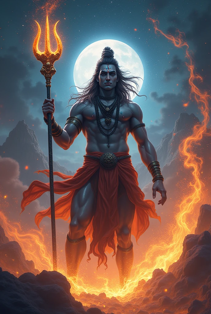  Lord Shiva holding his trishul at night full of stars flames in background in the air floating 
