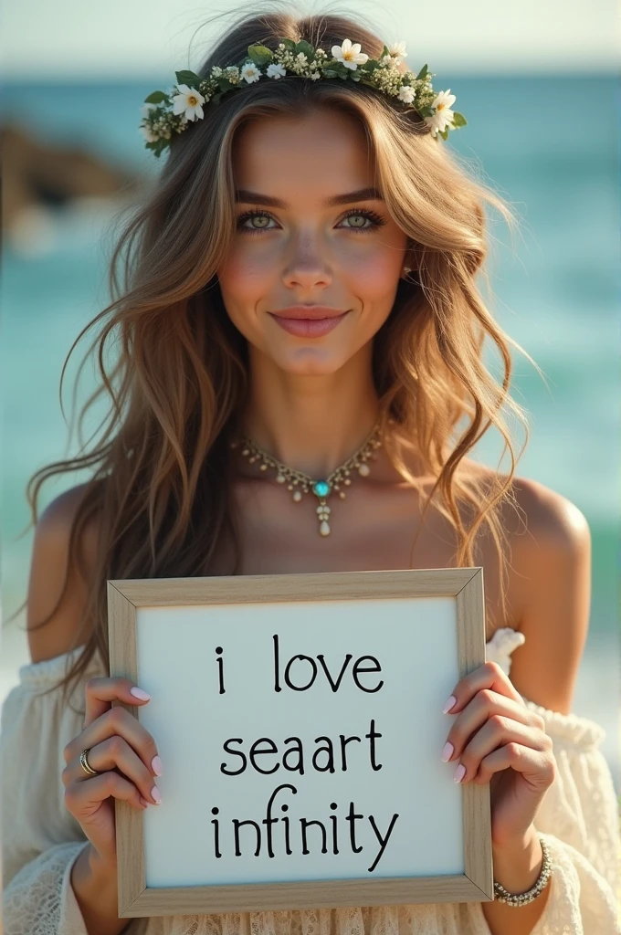 Beautiful girl with wavy long hair, bohemian dress, holding a white board with text "I Love Seaart Infinity" and showing it to the viewer