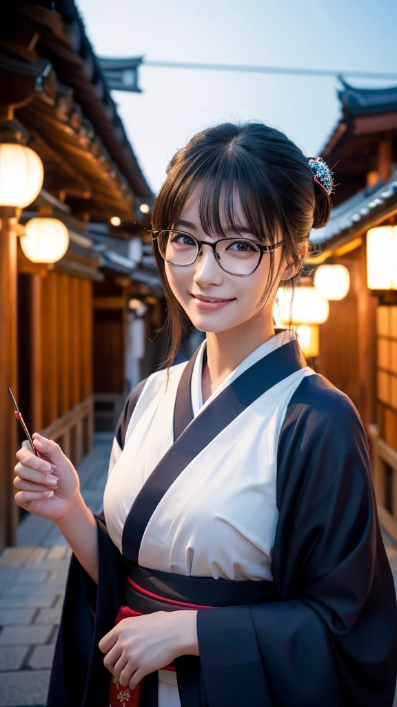 (Super beautiful woman in kimono)、((highest quality、8K masterpiece:1.3))、sharp focus:1.2、(super beautiful face:1.0)、(shiny skin:1.0)、realistic pictures、black hair、video lighting、High resolution eyes and face、video lighting、japanese actress、from the front、big breasts、with a happy smile、Slender abs beauty、whole body、wearing a kimono、in Kyoto、(((luxury obi)))、In Kyoto at night、wearing glasses with no edge、with a fan、Fireworks Display