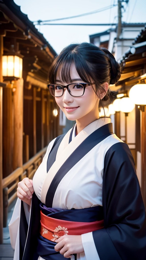 (Super beautiful woman in kimono)、((highest quality、8K masterpiece:1.3))、sharp focus:1.2、(super beautiful face:1.0)、(shiny skin:1.0)、realistic pictures、black hair、video lighting、High resolution eyes and face、video lighting、japanese actress、from the front、big breasts、with a happy smile、Slender abs beauty、whole body、wearing a kimono、in Kyoto、(((luxury obi)))、In Kyoto at night、wearing glasses with no edge、with a fan、Fireworks Display