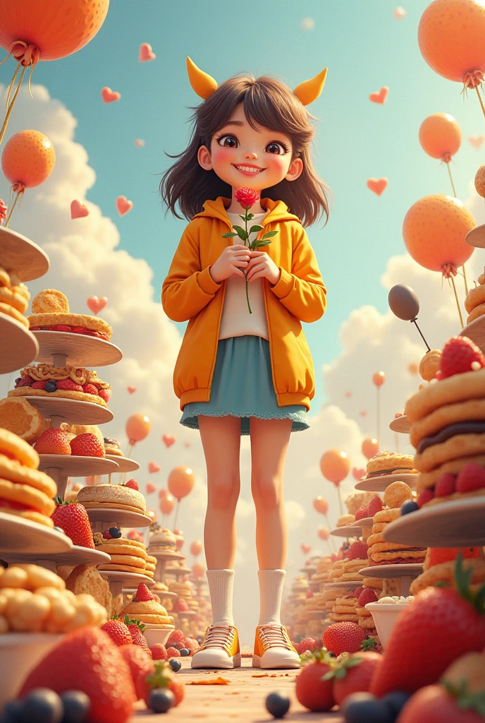 A huge giant girl wearing cheerful clothes carrying a small rose behind her, many types of delicious morning foods as humans do, realistic, real, high-resolution details, full picture like reality