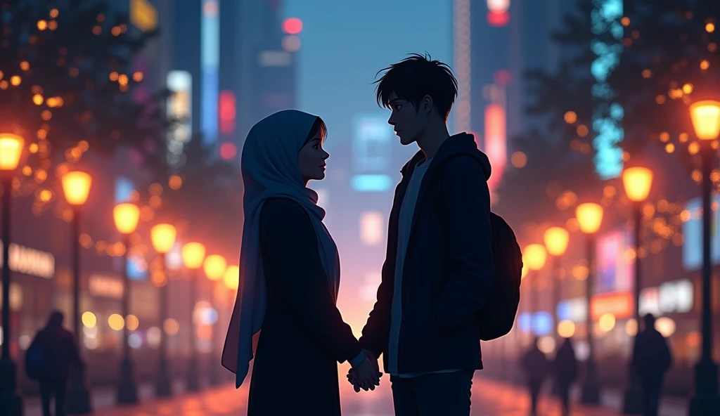 silhouette image of a woman in a hijab and a man holding hands, in the middle of the city at night, full of lights, the characters are just silhouettes, anime style, from back:1.2, extreme long shot:1.2