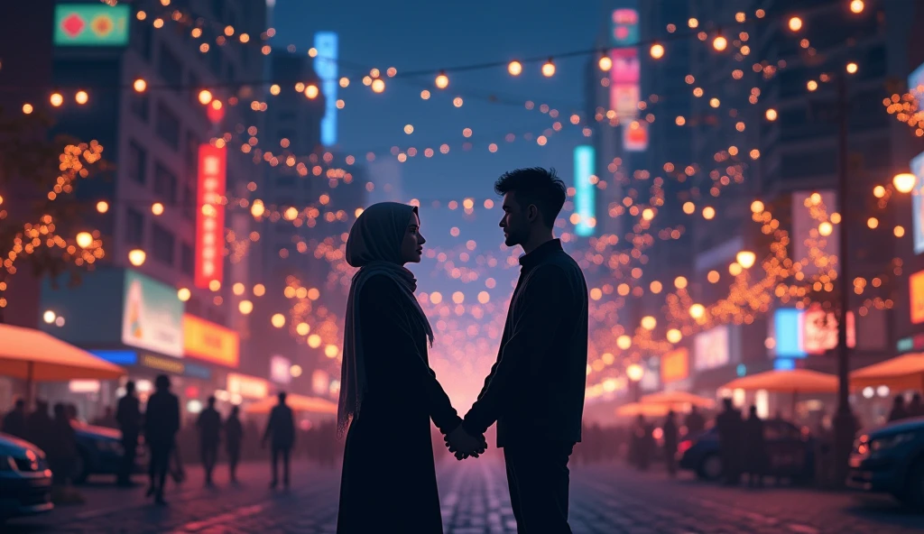 silhouette image of a woman in a hijab and a man holding hands, in the middle of the city at night, full of lights, the characters are just silhouettes, anime style, from back:1.2, extreme long shot:1.2
