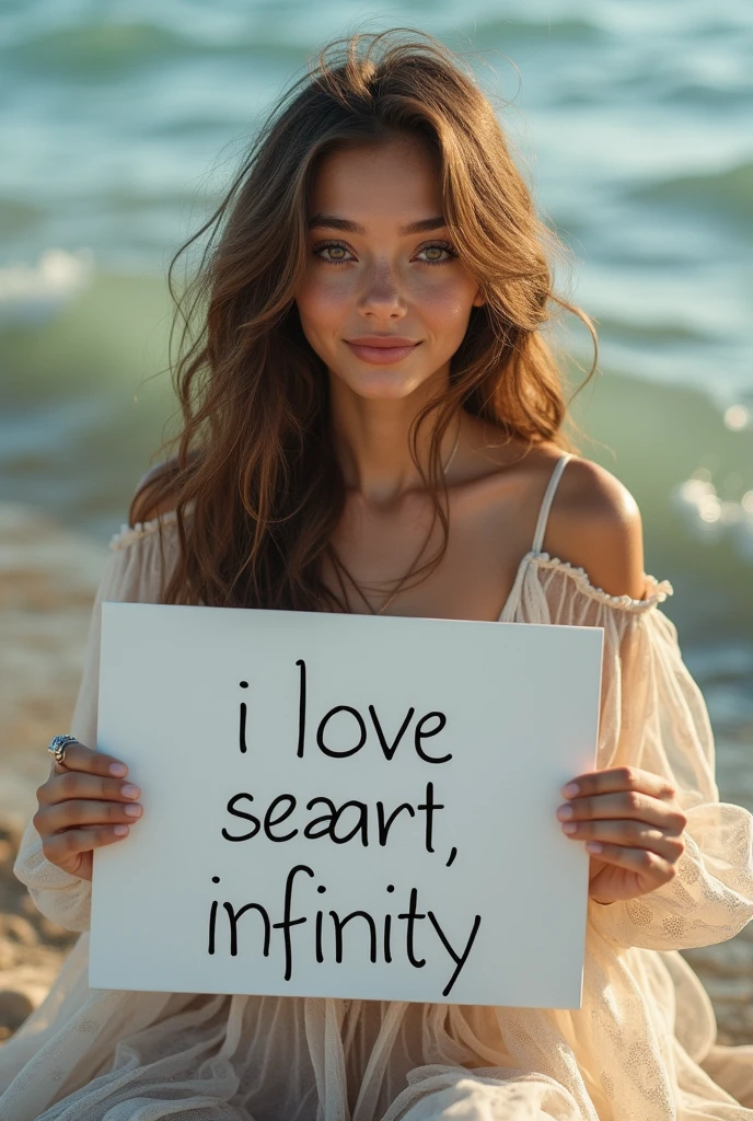 Beautiful girl with wavy long hair, bohemian dress, holding a white board with text "I Love Seaart Infinity" and showing it to the viewer