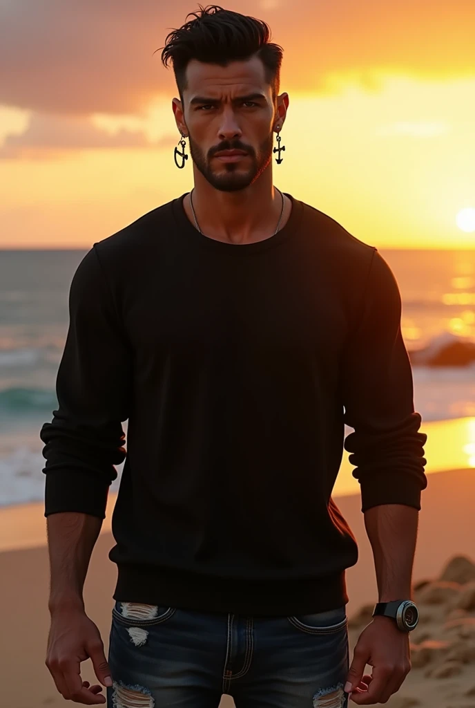 (photorealism:1.2), (8k) (detailed) (Whole body) facial features: Square face with a marked jaw, prominent cheekbones and thick, dark eyebrows. Adds youthfulness to your appearance.hair: hair oscuro, usually combed back or styled slightly tousled, which can vary between short and medium.eyes: eyes verdes oscuros, with a penetrating look that expresses confidence, with cross-shaped hoops on each side.Complexion: slim and well defined. Height 1.80, which gives it an imposing presence.style: Your style of dress: chompa negra, ripped jean pants.Skin tone: Skin tone bronceado, typical of the Mediterranean.Expression: He usually has a serious or concentrated expression., Although he can display a charming and confident smile.(standing in a bold pose looking at the camera next to a sunset on the beach).