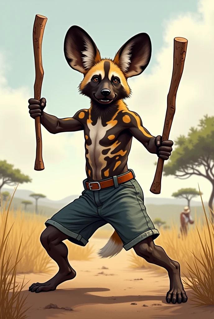 A African wild dog. Wearing a pair of shorts. Doing Nguni stick-fighting