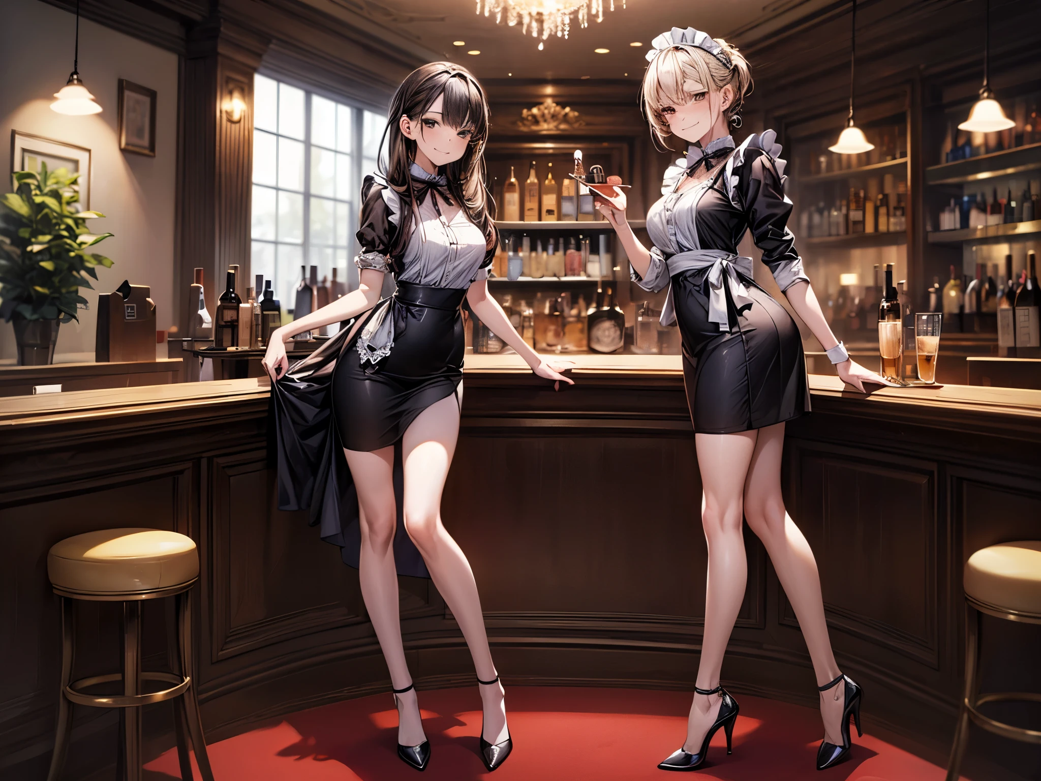 (masterpiece:1.3),(best quality, highest quality),((Full Body Shot,Including face)),girls,4K,masterpiece,((Focus on the face)),((Symmetrical facial features)),Beautiful woman,(slender),((High heels)),Detailed depiction of the face, Cafe ,bar,Maid clothes,skirt,Age 25,(smirk),kawaii, (illustration:1.3)