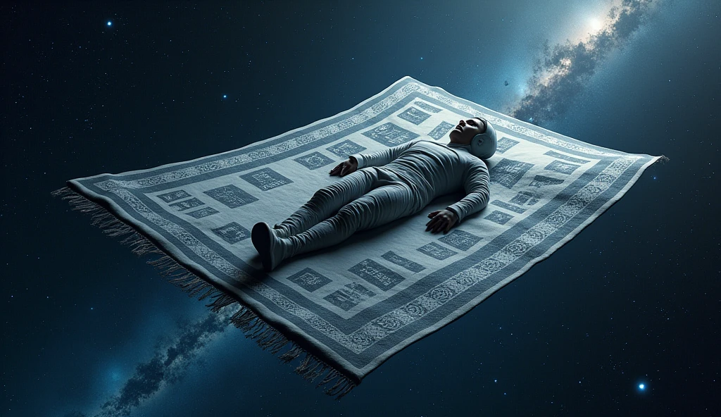 A man lies on a space carpet，Surrounded by stars 
