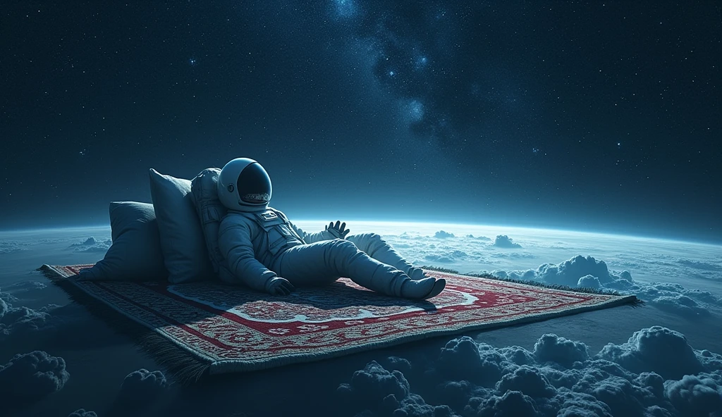 A man lies on a space carpet,Surrounded by stars