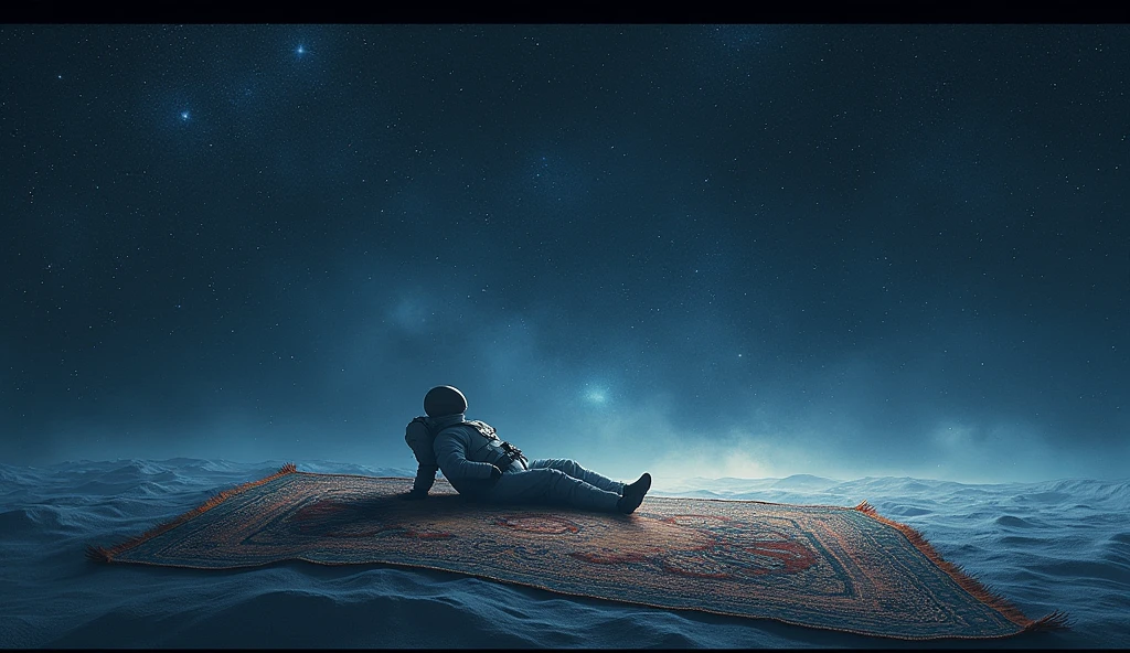 A man lies on a space carpet,Surrounded by stars