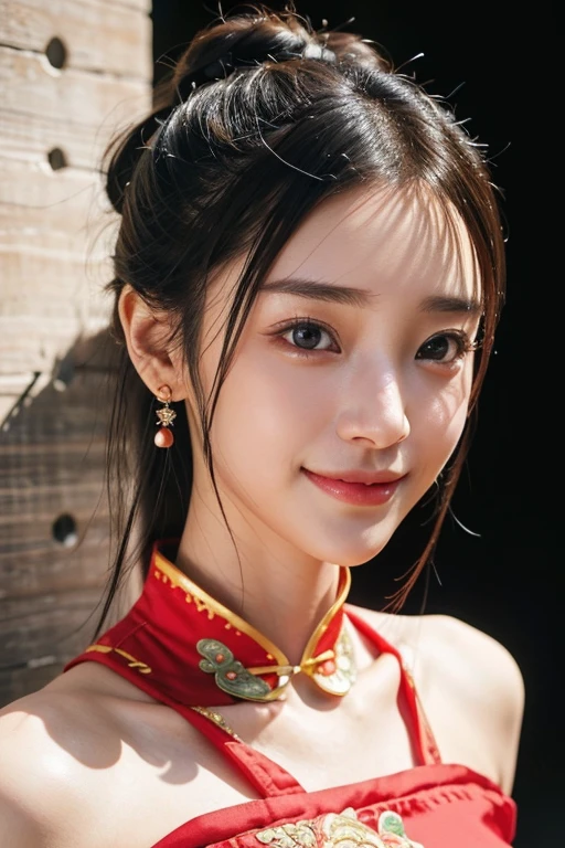 (2 Japanese girl,), (Small breasts:1.5,),(solo,,Textured skin, Detailed skin,Detailed face,Detailed eyes,detailed posing,Natural eyebrows,Sparkling Eyes,High detail, Highest quality, Super detailed, Surrealism, ,8k,RAW Photos,Photographicism,Professional Lighting,Portrait Photography,Soft Light),((Black Hair, Natural Makeup,Simple earrings, Double bun hairstyle,smile)),(((Red Chinese Dress,slit)))