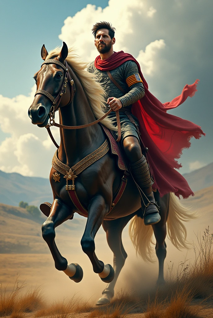 messi is driving a horse as a fighter. 
