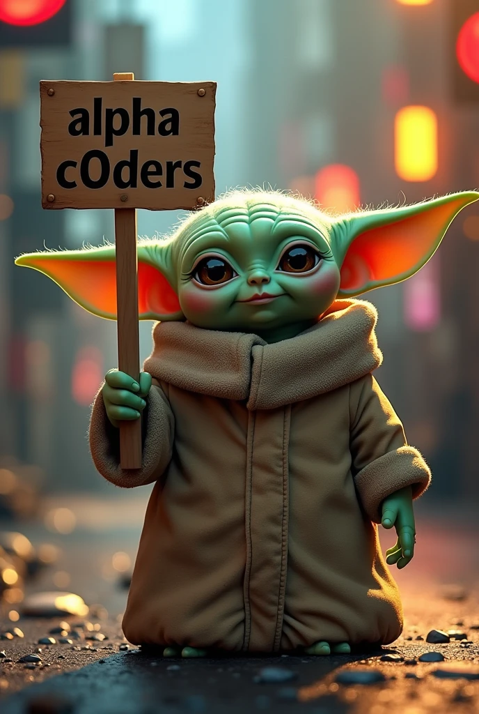 Baby Yoda, holding a sign that says "Alpha C0ders", detailed facial features, toon, 8k, high resolution, best quality, masterpiece, ultra-detailed, cinematic lighting, dramatic pose, powerful, dynamic, vibrant colors, digital art