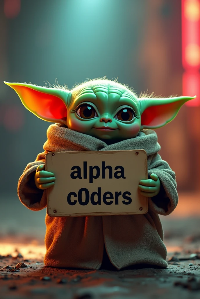 Baby Yoda, holding a sign that says "Alpha C0ders", detailed facial features, toon, 8k, high resolution, best quality, masterpiece, ultra-detailed, cinematic lighting, dramatic pose, powerful, dynamic, vibrant colors, digital art