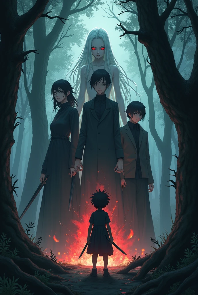The image is anime style with shadows and dim lights, anime style although somewhat adult and dark, It is shown laterally, to an albino with long hair and red eyes; to a woman made of fire; to a gothic woman who is half spider; a man carrying two crossed swords; already a child with a dagger, all in the middle of the forest, looking with determination.