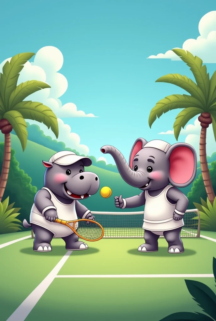 Create a picture of a hippo and an elephant playing tennis