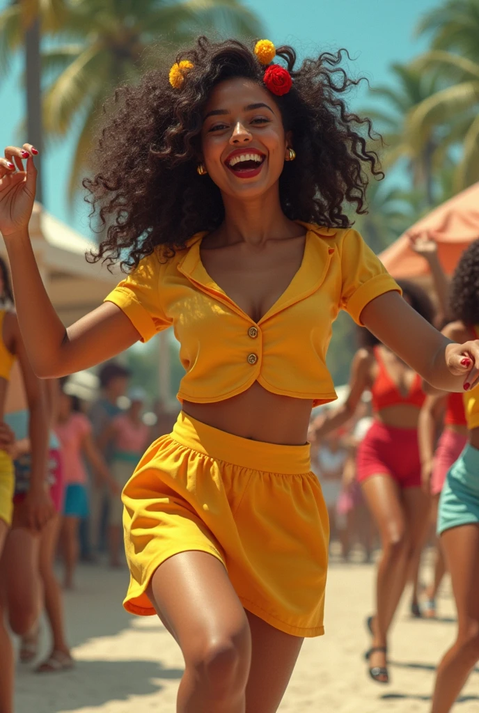 girl with curlers dancing calypso white stocking, wavy hair, cheered up