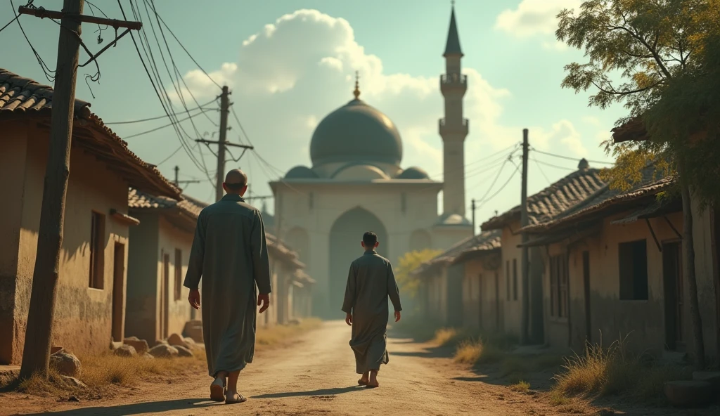 (Horror story title : Forbidden secrets in the dome of the mosque)

Scene 3: Ali Returns to the Village - Ali, a young man who just came home from Islamic boarding school, walking to the mosque in simple clothes. He looked at the mosque and saw Ustadz Malik who was restless..