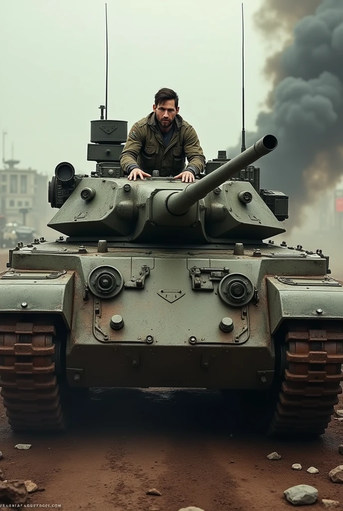 Messi as a fighter driving  tank.